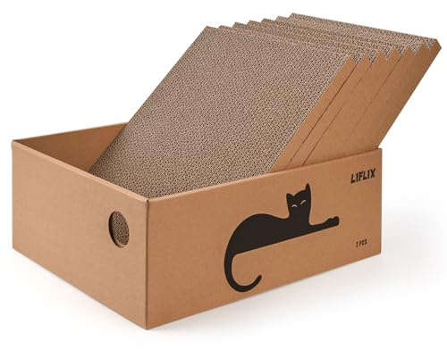 LIFLIX Kratzbrett Katze mit Box, 7Stk. kratzpappe für Katzen mit hochwertiger Karton, Widerstandsfähig Katzenmöbel, 42×32×15cm Groß