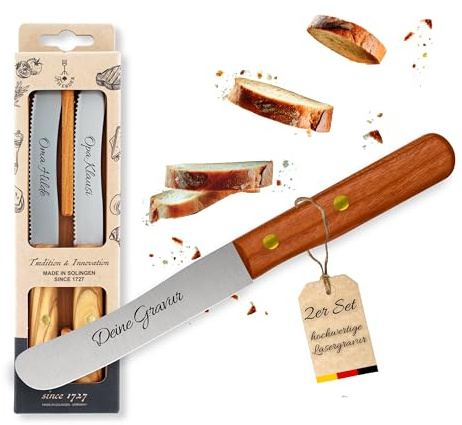 Personalisiertes Frühstücksmesser Solingen mit Holzgriff (Kirsche, 2x Glattschliff im Holzcase)