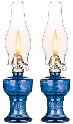 2 Pcs Chamber Oil Lamps for Indoor Vintage Kerosene Lamp Rustic Hurricane Kerosene Lantern with Adjustable Fire Wick Lighting Oil Lantern for Tabletop Decor and Emergency Lighting, 12.6'' High (Blue)