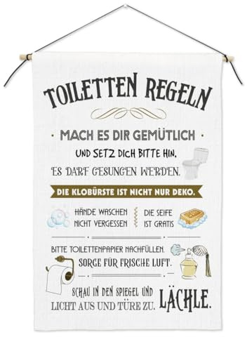 GREENWR Toiletten Regeln Wandbehang Stoff für WC - Toilette Tapisserie Wandteppich mit Holz Aufhängestange Lanyard und Haken - Bad Gästebad klo Posterschiene mit Spruch Lustig 50x35cm (B)