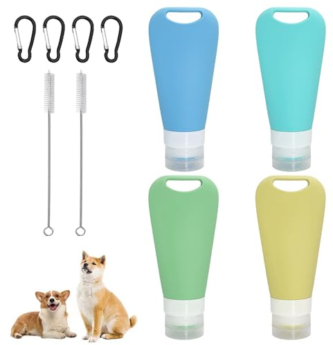 Vuemhjaey Lot de 4 tubes de nourriture réutilisables à remplir pour chien - 90 ml - Pour délicieux chiens, saucisses de foie - Bouteilles de voyage à remplir avec mousqueton et brosse en verre à