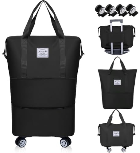Duscdesp Faltbare Reisetasche mit Rollen,Sporttasche Damen Männlich,Handgepäck Tasche mit Griffhülle,Große Reisetaschen,Wasserdicht Kliniktasche Geburt,Abnehmbare Travel Bag (Schwarz)