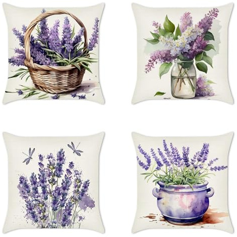 MEILIHEN Leinen Kissenbezug Sofakissen 45x45 Lavendel Kissenhülle 4er Set kissenbezüge Dekokissen Bezug für Couch Zierkissen Outdoor Kissen