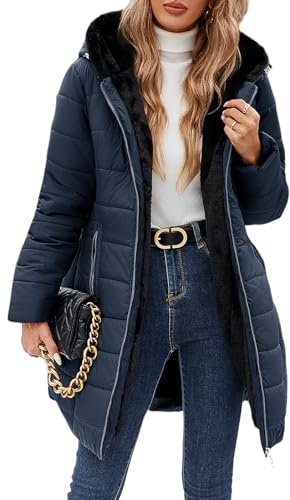 Yuson Girl Womens Parka Winter Coats Water Repellent Jacket Fleece Lined Long Jacket Ladies Zipper Hooded Quilted Outwear Coat Windproof Padded Thermal Overcoat with Pockets(Navy, S)