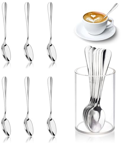 6 Pcs Mini Coffee Spoons with Holder 4.7 inch Demitasse Espresso Stainless Steel Spoons Silver with Acrylic Cylinder Holder for Coffee Bar Home Tea Party (6)