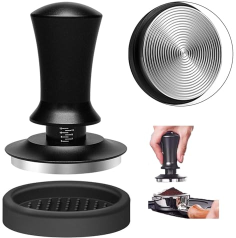 Kaffee Tamper 58mm mit Silikonpad - Espresso Stampfer Edelstahl Kalibriert mit Feder für 58mm Siebträger, Drehbarer Barista Tamper mit Griff und Basis Abnehmbar
