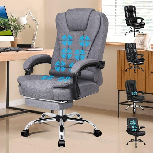ALFORDSON Kontorsstol med massagefunktion, ergonomisk design med stor vaddering, ländryggsstöd, hjul för smidig rörlighet på kontoret, linnetyg (grå)