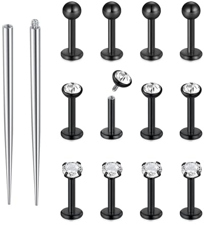 Funseedrr 12 Stücke Lippenstecker & Labretstangen mit Piercing-Taper, Edelstahl & Zirkon 16G 6/8/10 mm Silber/Gold/Schwarz für Helix Tragus Labret Ohr Stecker Lippe Nase Piercing-Schmuck