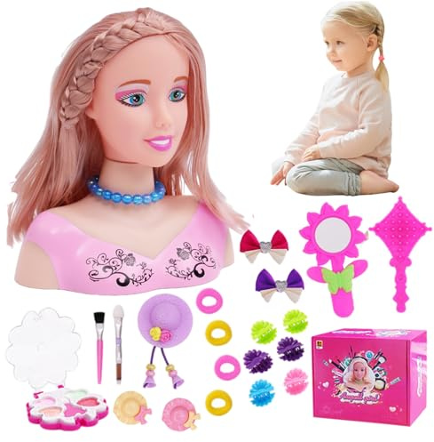 Cabeza de muñeca para peinar el cabello, 35 piezas/juego de cabeza de muñeca simulada para niños, aprendizaje imaginativo y maquillaje, juguetes para niñas, regalos para niñas, juego de 2 recuerdos