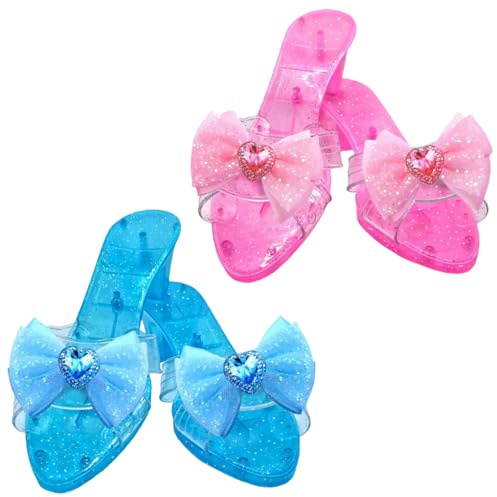 2 Pair Princess Shoes High Heels For Kids, Princess Dress Up Shoes Anti Slip,girls Dressing Up Portable Pretend Play Crystal Heels For Stage Masquerade Carnival School Character Day Costume