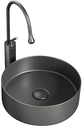 Lavabo Rotondo in Ceramica, Piccolo Lavabo da Bagno da Appoggio con Rubinetto a Doppio Controllo e Kit Scarico, Per Mobile Lavabos, Balcone e Bagno(14.1in/36cm)