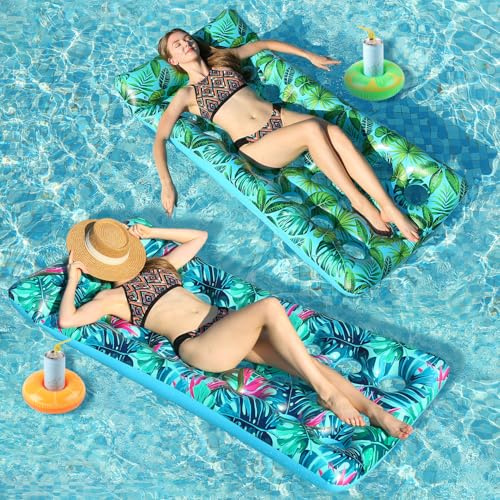 2 Pack Inflatable Pool Floats Adult Heavy Duty Pool Lounger Float Pool Rafts with Headrest Drink Holder Lake Floats Tanning Pool Lounger for Swimming Pools Party Beach