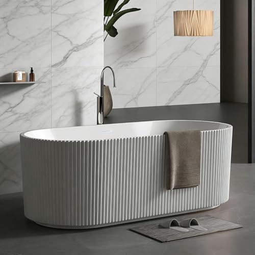 59 Inch Acrylic Freestanding Bathtub, Deep Soaking Tub with Non-Slip Base, CUPC Certified Free Standing Tub, Chrome Drain Bath Tub, Modern Tub for Bathrooms, White