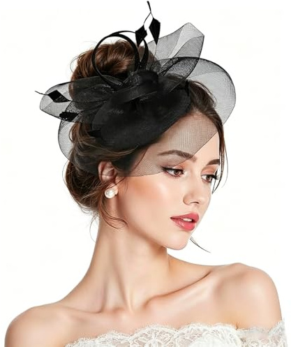 DXPETA Black Fascinator, Fascinators for Women, Black Fascinators for Weddings, Black and White Fascinator, Fascinator Black Hat