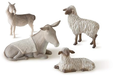 Willow Tree Sheltering Animals for The Holy Family, Giving Watch, Warmth, Protection, Gray-White Standing Goat, Gray Donkey, 2 White Sheep, Sculpted Hand-Painted Nativity Scene Figures, 4-Piece Set