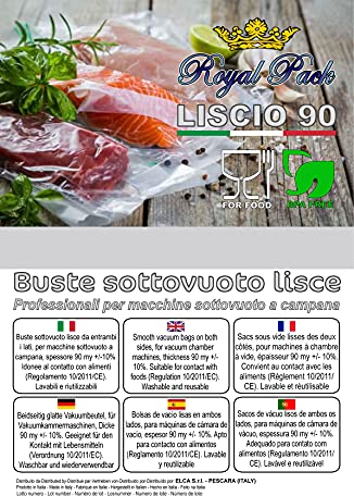 Royal Pack Liscio 90 buste sottovuoto lisce per macchine sottovuoto a campana, professionali, alta qualità, made in Italy. Confezione 100 buste formato 25x35 cm