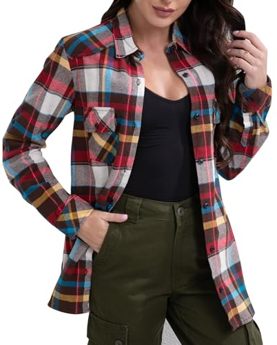 Women's Plaid Flannel Shirt Long Sleeve Brushed Blouse Button Down Fall Top