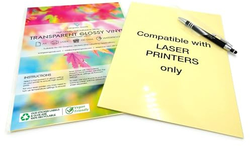 EVG 10 Blatt A4 wasserfestes, glänzendes, selbstklebendes Vinyl, transparentes Klebepapier, Druckpapier, geeignet für Laserdrucker, transparente Klebefolie für individuelle Aufkleber und Abziehbilder