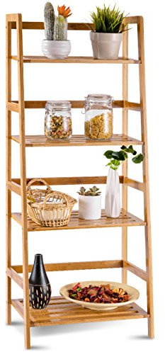 COSTWAY 47.5'' Bamboo Ladder Shelf, Multifunctional Plant Flower Display Stand, Storage Rack, Bookcase Bookshelf Natural (4 Tier)