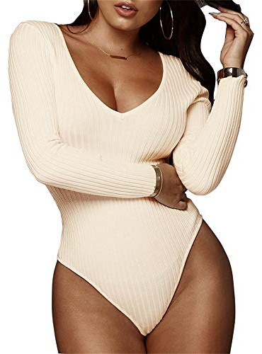 GEMBERA Women's Deep V Neck Long Sleeve Bodysuit Ribbed Knit Bodycon Thong Bodysuit Tops White Cream M