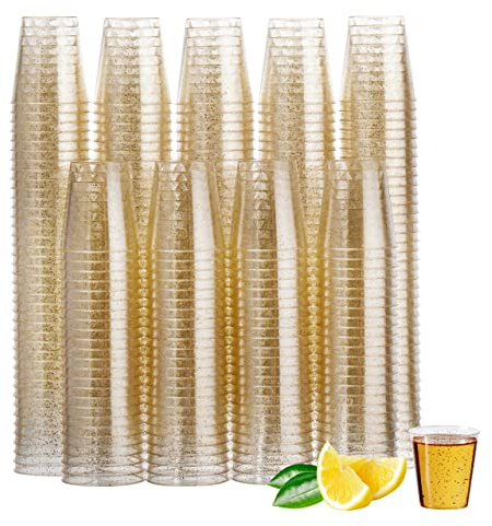 MATANA 300 Vasos de Chupito de Plástico Duro con Brillo Dorado, 30ml - Resistentes y Reutilizables - Cumpleaños, Bodas, Navidad, Barbacoas, Halloween, Fiestas