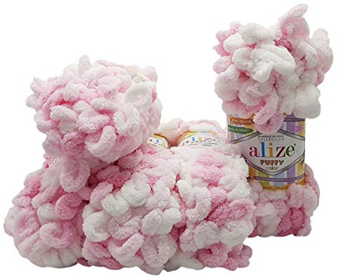 Ilkadim 5 x 100 Gramm Strickwolle Alize Puffy Color Rosa Weiß 5863, 500 Gramm Fingerstrick - Wolle mehrfarbig super bulky, Schlaufenwolle, Stricken ohne Nadel