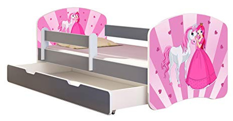 ACMA Kinderbett Jugendbett mit Einer Schublade und Matratze Grau mit Rausfallschutz Lattenrost II Spielbett Kinderzimmer Möbel (08 Princess, 160x80 + Bettkasten)