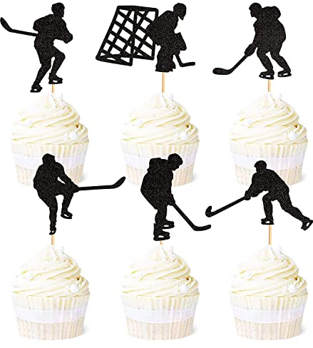 Unimall Global 24 Stück Glitzer Eishockey Cupcake Topper Sport Thema Party Kuchen Topper Picks Kuchendekoration für Baby Shower Geburtstag Event Party Sport Thema Party Dekoration Polychromatisch