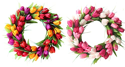 RSTYS Künstliche Tulpen Kranz Blumenkranz für Haustür 15,7 Zoll Frühling Seide Kranz mit grünen Blättern Echte Seide Blumen für Party