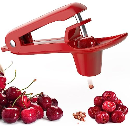 Cherry Pitter - Ordekcity Stainless Steel Cherries Corer Pitter Tool with Hand-held Push Design, Save Time & Space for Making Cherry Jam with Lock Design(Red)