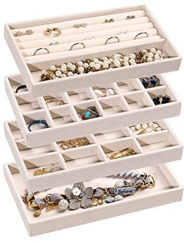 Frebeauty Schmuck Organizer Tablett, stapelbare Samt Schmuck Tabletts, Schublade Einsätze Ohrring Organizer für Frauen Mädchen Schmuck Lagerung Vitrine für Ringe Stud Halsketten, Set 4(Beige)
