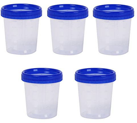 5 Stück Kunststoff-Flüssigkeitsmessbecher, wiederverwendbar, transparent, PP-Becher und Fass, Verpackungswerkzeug, Probebecher mit blauem Kappen-Schraubdeckel