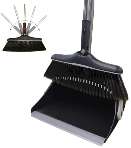 SWISSPACK Long Handled Extendable! Dustpan and Brush, Broom and Dustpan Set, Household Dust pan Combo with 54 Inch Handle for Indoor Outdoor Household Cleaning and Sweeping (Black)