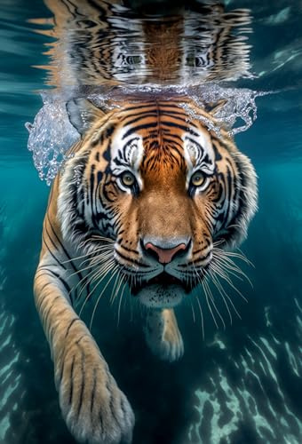 adrium Acryl-Bild 50 x 70 cm: Tiger unter Wasser 3D-Illustration, Tierschwimmen unter Wasser, Nahaufnahme Tiger, fotorealistisch, generative KI (195780714)