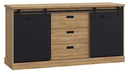 Meubletmoi Buffet 174 cm 2 Portes coulissantes 3 tiroirs décor chêne et Noir Mat avec Rail et poignées en métal - Style Industriel - Farm