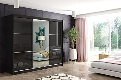 ALTDECOR Kleiderschrank mit Spiegel und Schiebetüren, kugelgelagerte Führungsschienen und Aluminium-Leisten - VIVI - 240 cm Schwarz