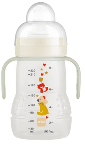 MAM Trainer Night | 1 Pack (1 x 220ml) | Comes with MAM Bottle Handles That Glow in The Dark | Suitable from 4+ Months | Spill-Free | Cream (Various Designs)