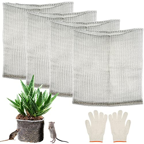 Wurzelschutz aus Edelstahl, 4 Stück Wühlmauskorb mit Handschuhe, 45 x 40 cm | Wurzelschutz Netzbeutel, Drahtkörbe Pflanzenwurzelschutz für Pflanzen, Gemüse, Beeren