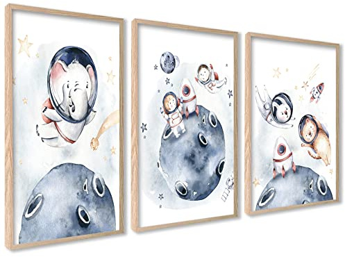 ag.art deco 3er Set Poster 30x40cm Ohne Rahmen Wanddeko Wohnzimmer Flur | Kinderzimmer Wanddeko Elefant und Hase elefant und hase im Weltraum Mädchen und Junge Bilderset, Ideal als Geschenk
