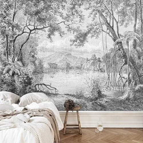 SIJIFACAI Murales de pared de tamaño personalizado, bosque tropical en blanco y negro, papel tapiz autoadhesivo extraíble para despegar y pegar, papel tapiz fotográfico grande