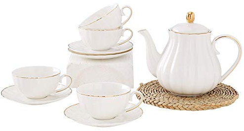 JUNNIU Set da tè per Adulti Tazze da tè e piattini Reali con Finiture in Oro Servizio da tè in Porcellana Bianca con teiera Tazze da caffè,A (A) (B) Decoration