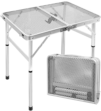 E EASTSTORM Campingtisch Klappbar 60×40cm,Gartentisch,Grilltisch mit Metallgitterplatte,Leicht und Tragbar Kleiner Tisch,Klapptisch 2 Höhenverstellbar(27/56cm) für Picknick Camping (Silbern)