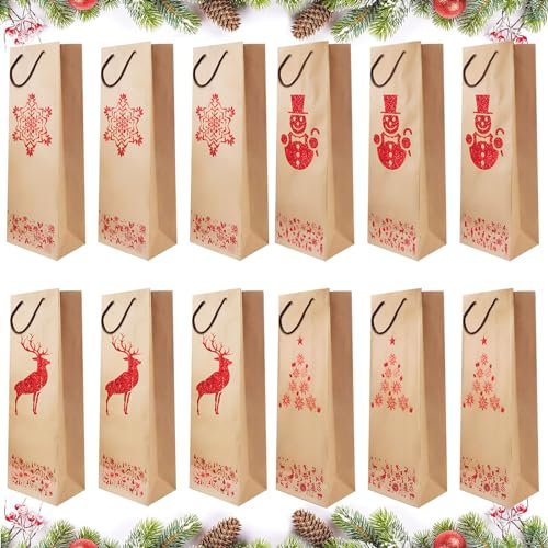 Weintasche, 12 Stück Flaschenhülle, Wein Geschenktüten Flaschen, Weinkarton, 4 Stile Flaschentüten, Geschenktasche Flasche mit Henkel, Weintüten, Flaschentüten Weihnachten für Wein Whisky Champagner