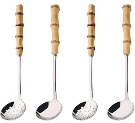 Uniturcky Juego de cucharón de sopa y cuchara ranurada, utensilios de servir de acero inoxidable 304 con mango de bambú natural, cucharas de sopa para servir salsa, olla caliente o restaurante, 10.2