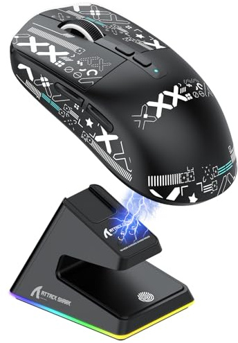 ATTACK SHARK Mouse SUPERLEGGERO X6 49g con dock di ricarica magnetico, sensore da gioco PixArt PAW3395, mouse da gioco wireless/cablato BT/2.4G con nastro adesivo, 26000 DPI, aggiornamento (Nero)
