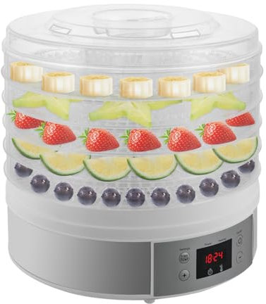 280 W Deshidratador alimentario para Comida Deshidratada con 5 bandejas, temporizador 0-72 h, temperatura regulable: 35-68 ℃, plata 28 x 28 x 26,8 cm