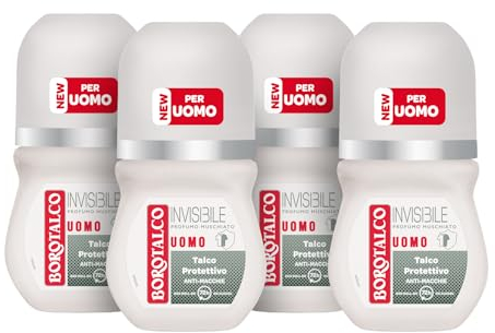 Borotalco, Deodorante Uomo Roll-On Invisibile, con Talco Protettivo, Anti-Macchie, Senza Alcool, Profumo Muschiato, 72h efficacia - 4 Pezzi da 50 ml - Esclusiva Amazon