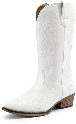 DREAM PAIRS Women's Daily Slip-on Waterproof Mid-Calf Cowboy Boots, Comfortable and Stylish Western Boots for Parties and Proms,Size 6.5,White,SDMB2403W