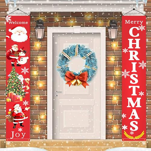 WDEC Pancarta de Puerta de Navidad, Cartel de Porche a Cuadros de Feliz Año Nuevo, Decoración Interior y Exterior para Pared