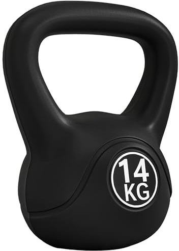 HOMCOM Pesa Rusa 14 kg, Kettlebell Revestimiento de Plástico y Relleno de Arena, con Mango Ancho y Base Plana, para Entrenamiento Culturismo, en Casa, Gimnasio, Negro